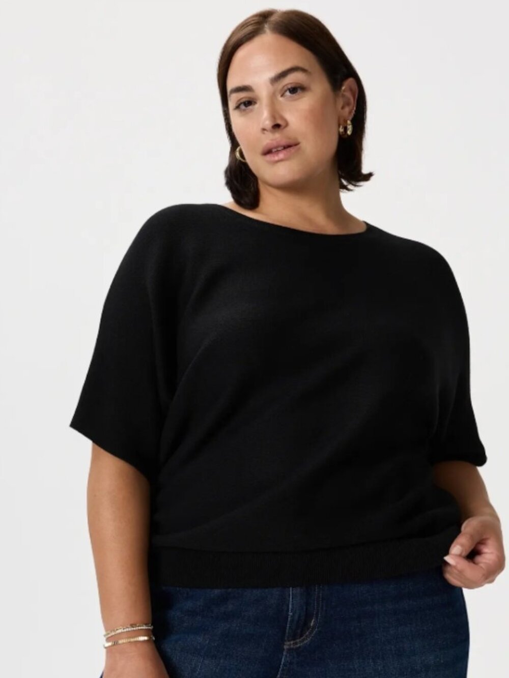 QUINCE Lightweight Cotton Cashmere Link-Stitch Dolman Sweater 3X Black